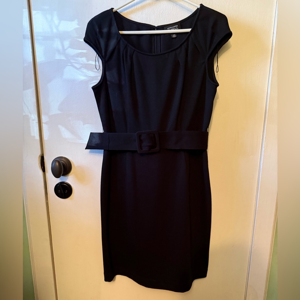 Adrianna Papell Black Cap-Sleeve Belted Midi Dress
